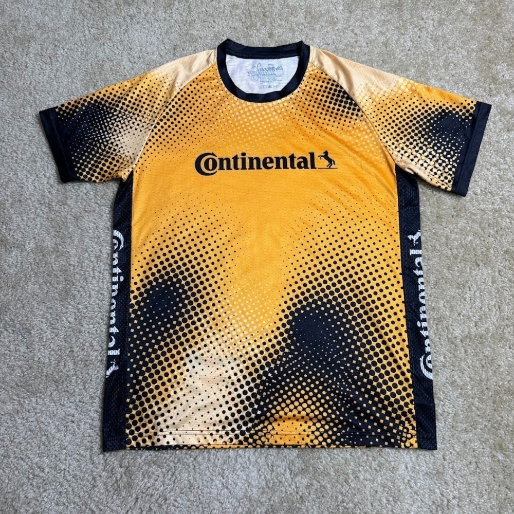 Sawyer Running Jersey Shirt Mens Large Continental Orange Black Mesh Sides AOP